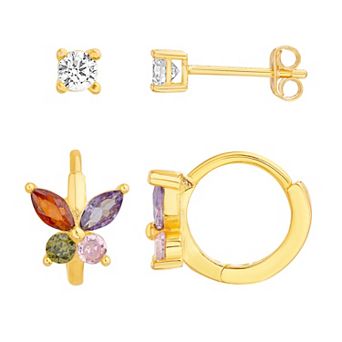 petit cheris Kids' 14k Gold Over Sterling Silver Multi Color Cubic Zirconia Butterfly Hoop Earrings