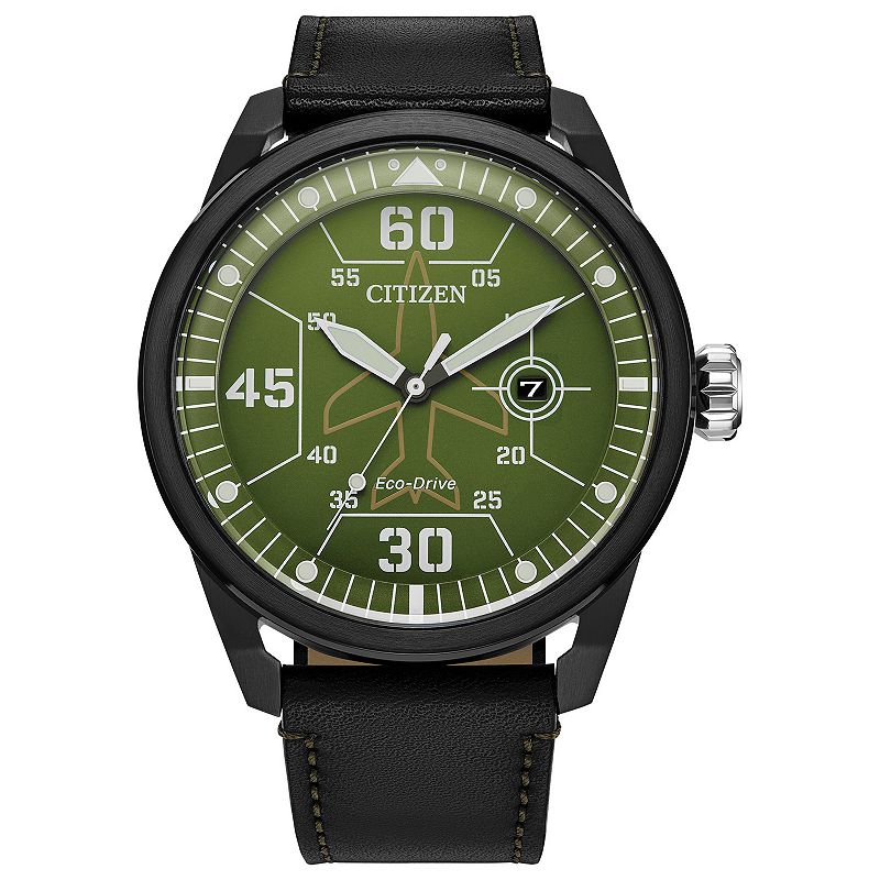 Citizen Men's Eco-Drive Weekender Avion Stainless Steel Leather Strap Watch, Size: Large, Green Black