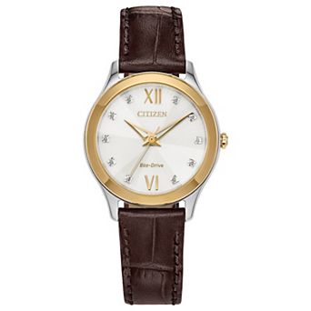 Citizen Axiom Eco-Drive Women's Two Tone Stainless Steel Diamond Accent Leather Strap Watch