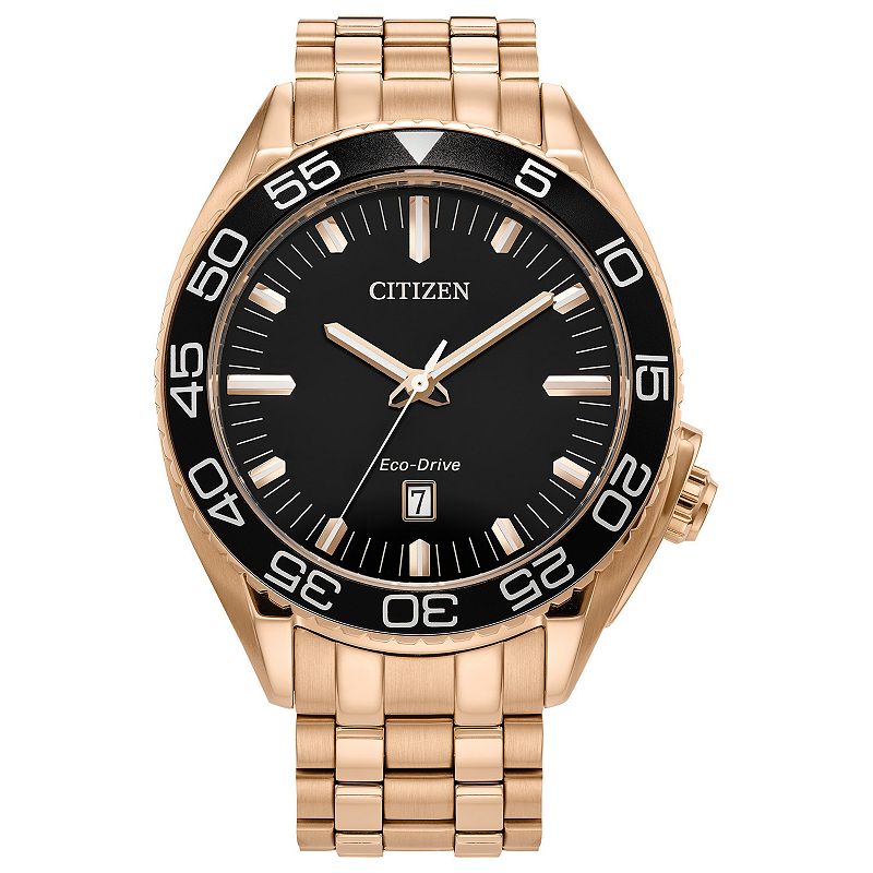 Citizen Men's Eco-Drive Sport Luxury Carson Rose Gold Tone Stainless Steel Black Dial Bracelet Watch, Size: Large, Rosegold