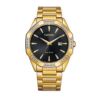 Citizen Men's Eco-Drive Classic Gold Tone Stainless Steel Diamond Accent Black Dial Bracelet Watch