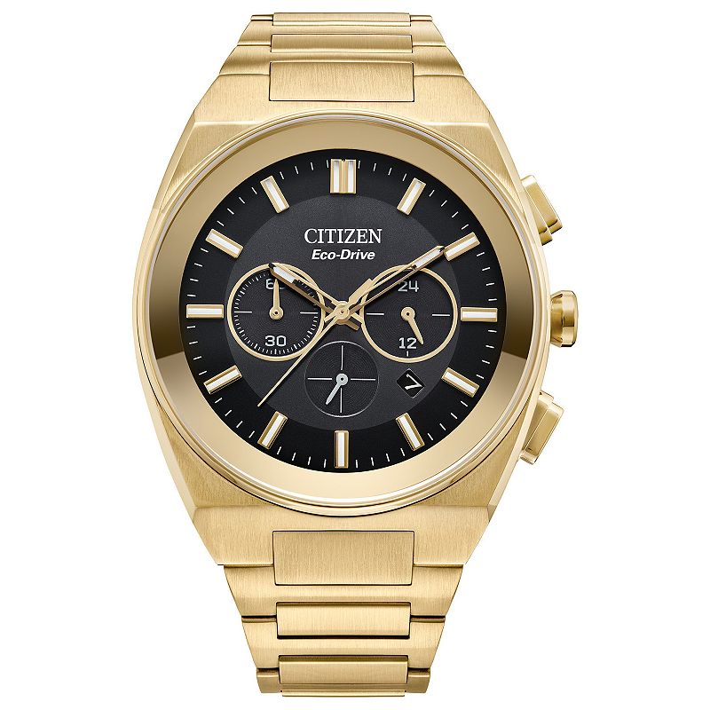 Citizen Men's Eco-Drive Axion Gold Tone Stainless Steel Black Dial Chronograph Bracelet Watch, Size: Large