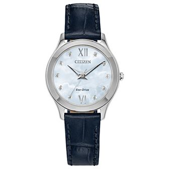 Citizen Eco-Drive Women's Stainless Steel Diamond Accent MOP Dial Navy Leather Strap Watch - EM1011-07D