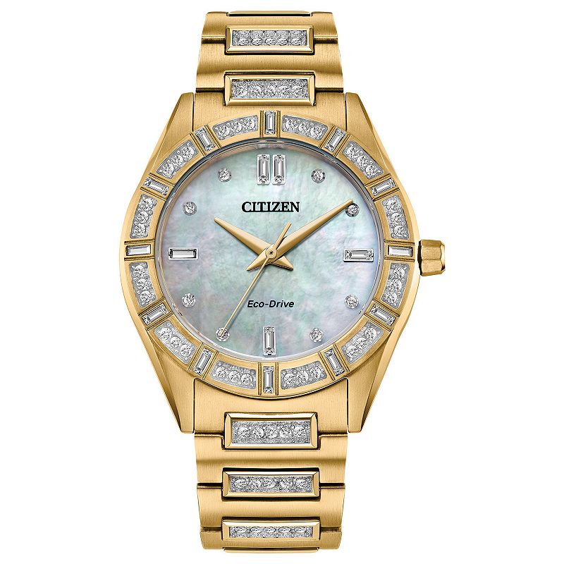 Citizen Eco-Drive Women's Silhouette Gold Tone Stainless Crystal Accent MOP Dial Bracelet Watch - EM1022-51D, Size: Medium
