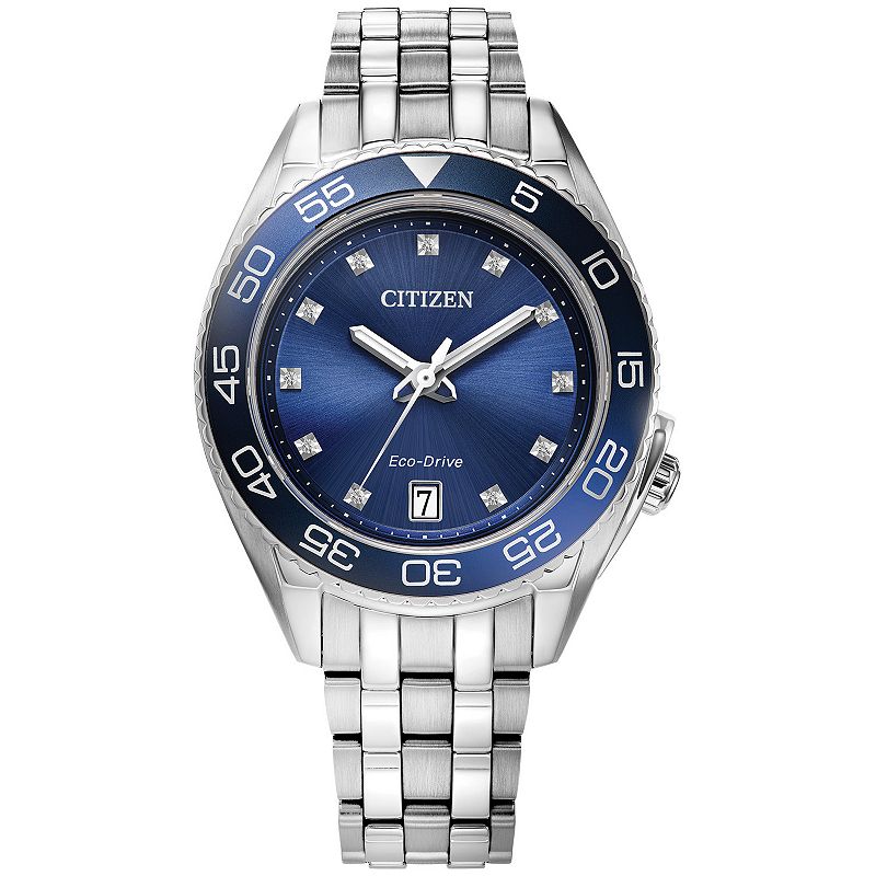 Citizen Women's Eco-Drive Carson Stainless Steel Diamond Accent Blue Dial Bracelet Watch, Size: Medium, Silver