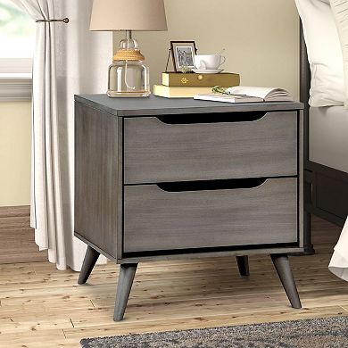 2 Drawer Wooden Nightstand With Cut Out Pulls, Gray