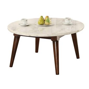 Wood Base Coffee Table with Marble Top, Walnut Brown