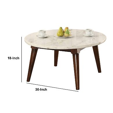 Wood Base Coffee Table with Marble Top, Walnut Brown