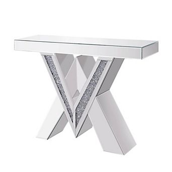 Wood And Mirror Console Table With Interlocking V Shape Base, Clear