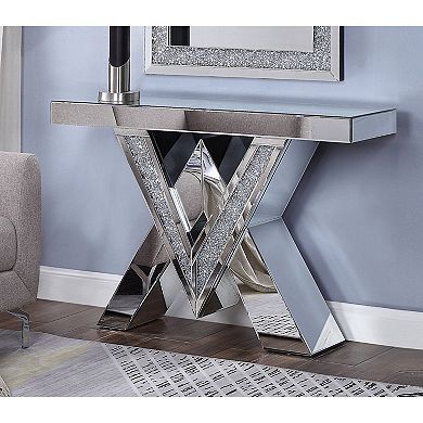 Wood And Mirror Console Table With Interlocking V Shape Base, Clear