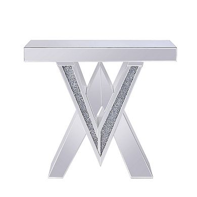 Wood And Mirror Console Table With Interlocking V Shape Base, Clear