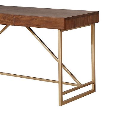 Modern Style Wooden Writing Desk With Unique Metal Legs, Walnut Brown And Gold