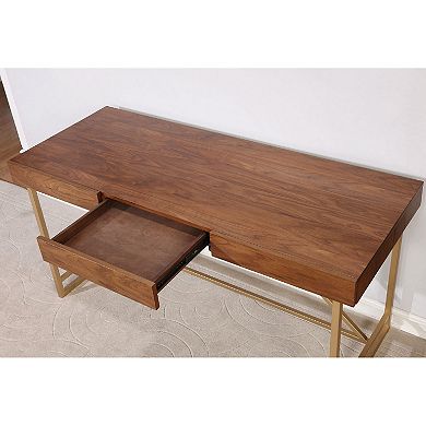 Modern Style Wooden Writing Desk With Unique Metal Legs, Walnut Brown And Gold