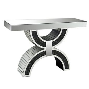 Wood And Mirror Console Table With Geometric Style Base, Clear And Black