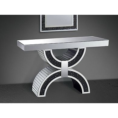 Wood And Mirror Console Table With Geometric Style Base, Clear And Black