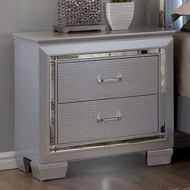 2 Drawer Wooden Nightstand With Embossed Textured Details, Gray