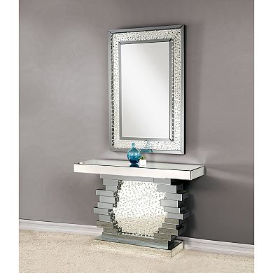 Wood And Mirror Console Table With Studded Faux Crystals, Black And Clear