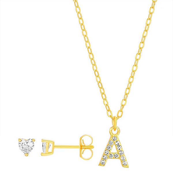 petit cheris Kids' Sterling Silver Cubic Zirconia Initial Necklace & Stud Earring Set - A