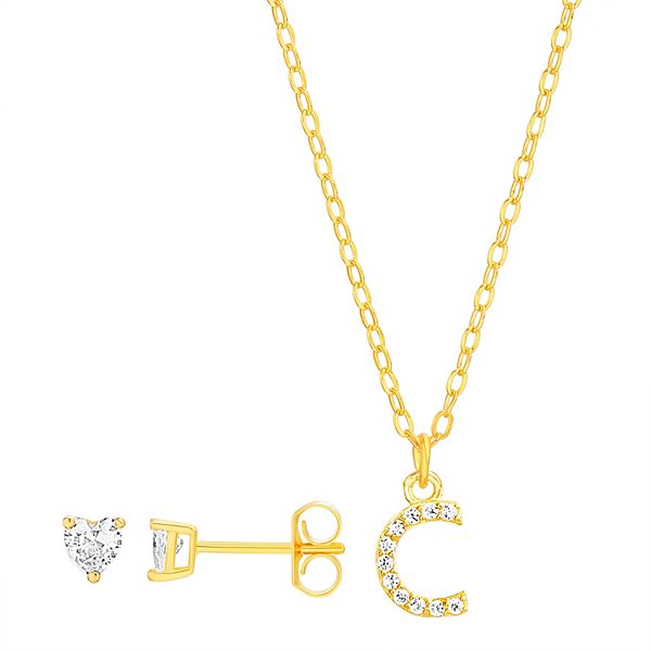 petit cheris Kids' Sterling Silver Cubic Zirconia Initial Necklace & Stud Earring Set - C