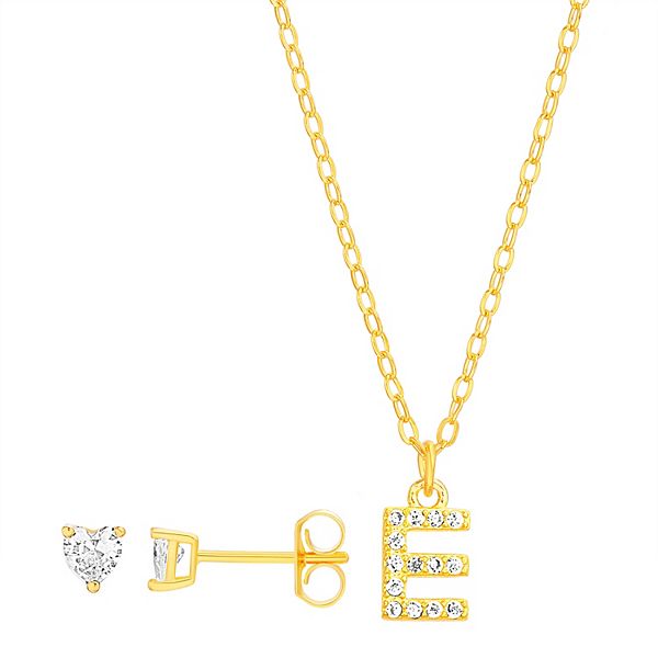 petit cheris Kids' Sterling Silver Cubic Zirconia Initial Necklace & Stud Earring Set - E