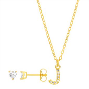 petit cheris Kids' Sterling Silver Cubic Zirconia Initial Necklace & Stud Earring Set