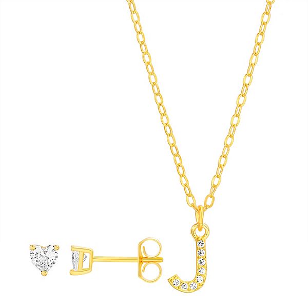 petit cheris Kids' Sterling Silver Cubic Zirconia Initial Necklace & Stud Earring Set - J