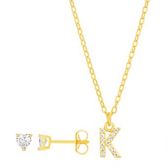 petit cheris Kids' 14k Gold Plated Cubic Zirconia Initial Necklace & Stud Earring Set