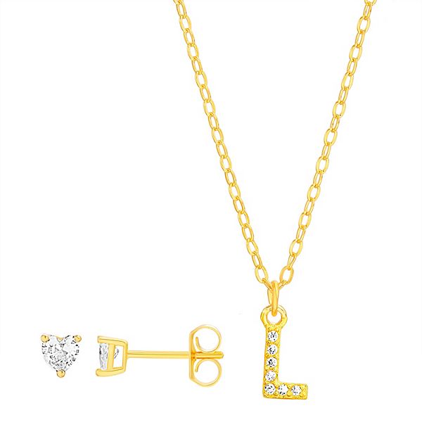 petit cheris Kids' Sterling Silver Cubic Zirconia Initial Necklace & Stud Earring Set - L