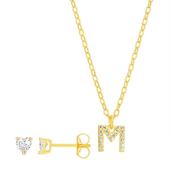 petit cheris Kids' Sterling Silver Cubic Zirconia Initial Necklace & Stud Earring Set - M