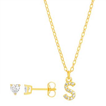 petit cheris Kids' Sterling Silver Cubic Zirconia Initial Necklace & Stud Earring Set