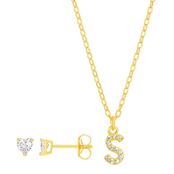 petit cheris Kids' Sterling Silver Cubic Zirconia Initial Necklace & Stud Earring Set - S