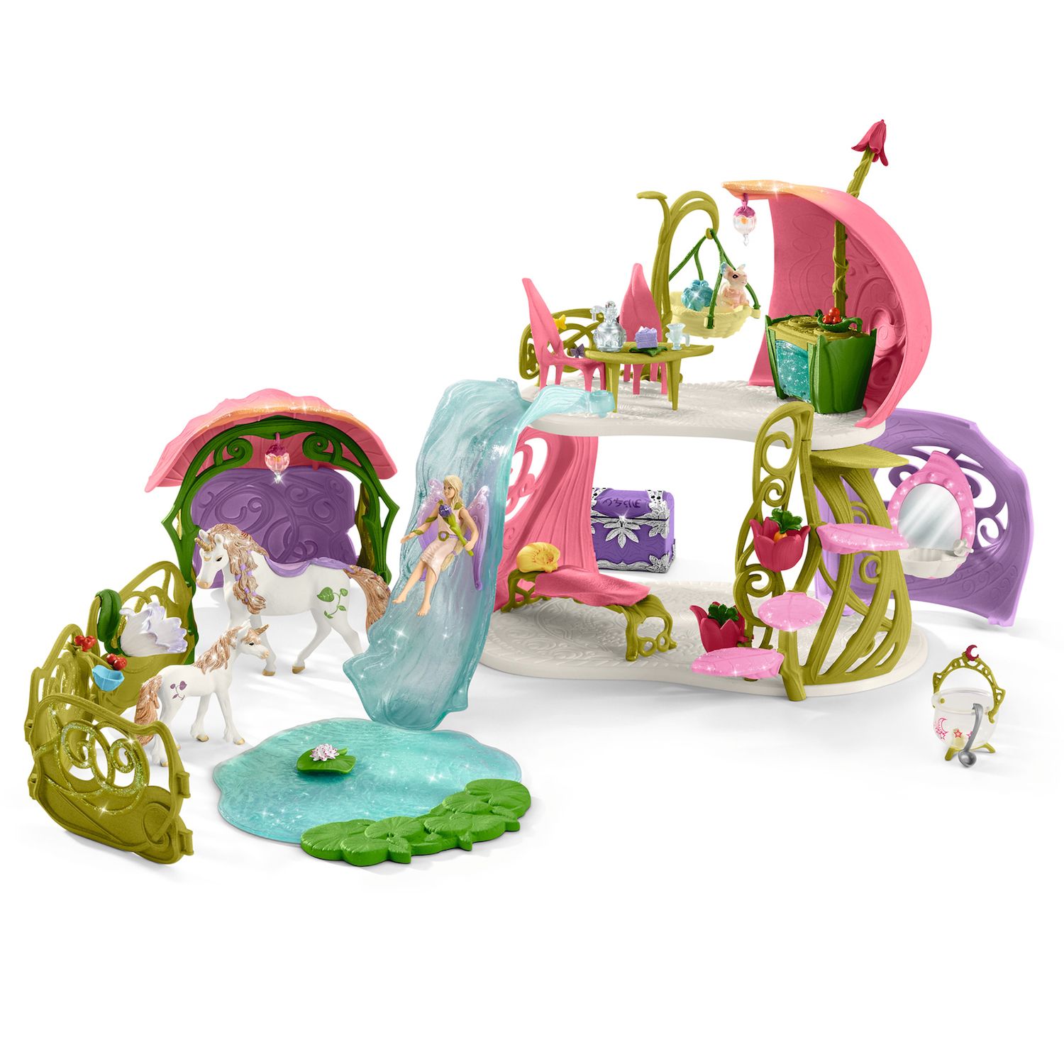 Детские фигурки Schleich Bayala Glittering Flower House With Unicorns, Lake & Stable Toy 71 pc Set