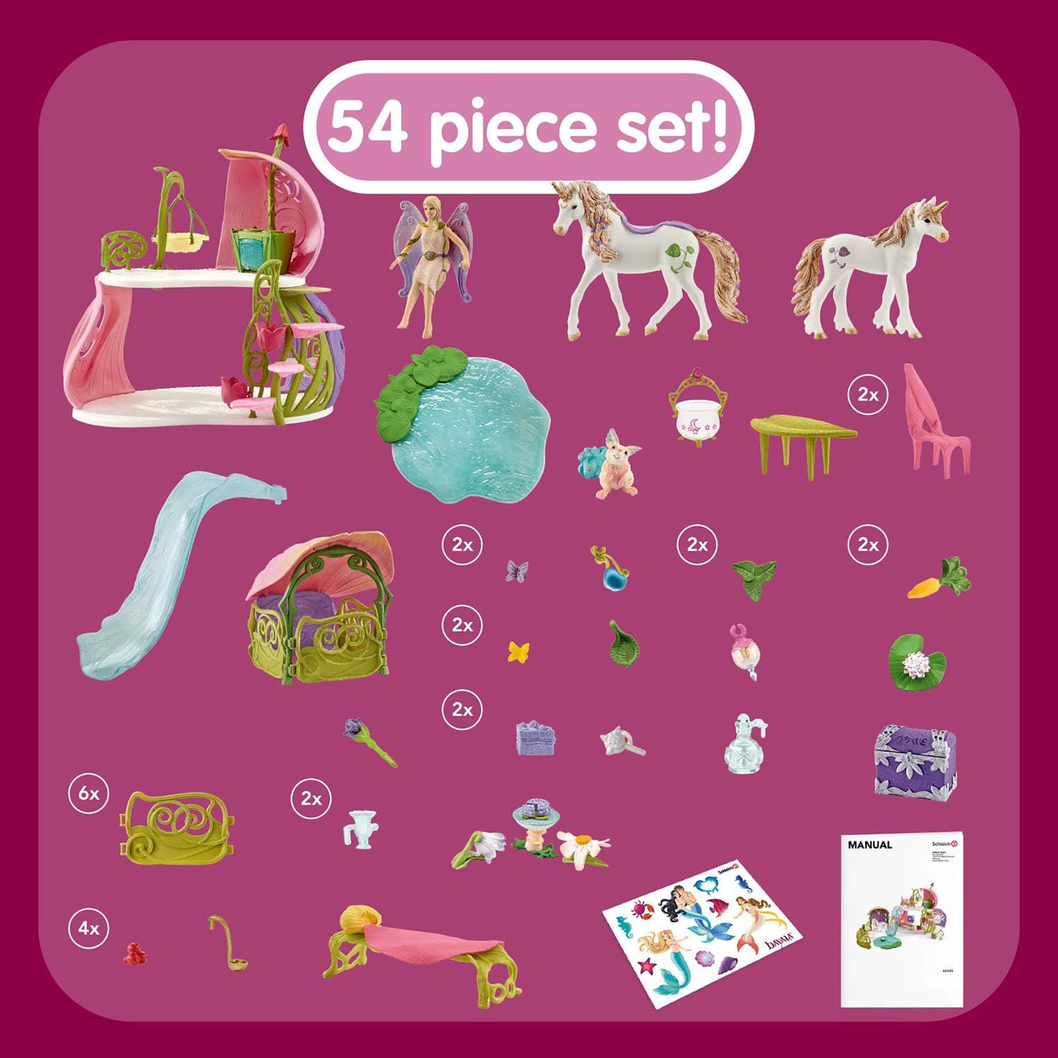 Детские фигурки Schleich Bayala Glittering Flower House With Unicorns, Lake & Stable Toy 71 pc Set — фото 7