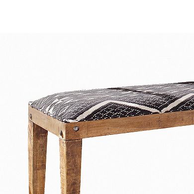 Fabric Upholstered Wooden Bench With Tapered Legs, Brown And Blue