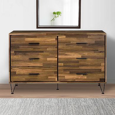 Dresser With 6 Drawers And Butcher Block Pattern, Brown