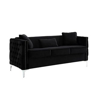 Joel 73 Inch Modern Sofa With 3 Pillows, Tufted Black Velvet, Silver Legs