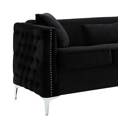 Joel 73 Inch Modern Sofa With 3 Pillows, Tufted Black Velvet, Silver Legs