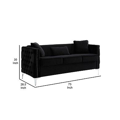 Joel 73 Inch Modern Sofa With 3 Pillows, Tufted Black Velvet, Silver Legs