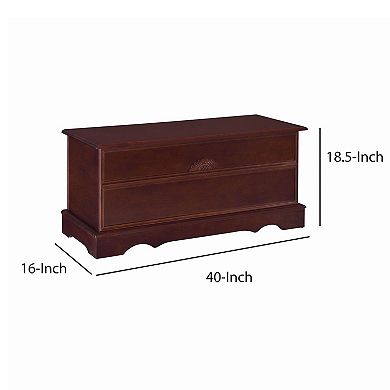 Dimensions of traditional style lift-top wooden chest: 40 inches long, 16 inches wide, 18.5 inches high