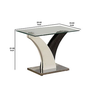 Modern Two Tone Flared Base End Table With Glass Top, White And Gray