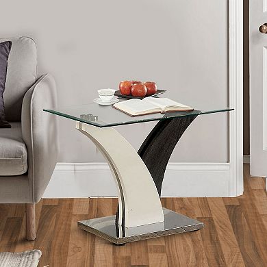 Modern Two Tone Flared Base End Table With Glass Top, White And Gray