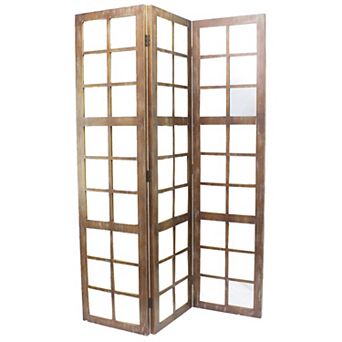3 Panel Wooden Screen with Square Mirror Inserts, Brown and Silver