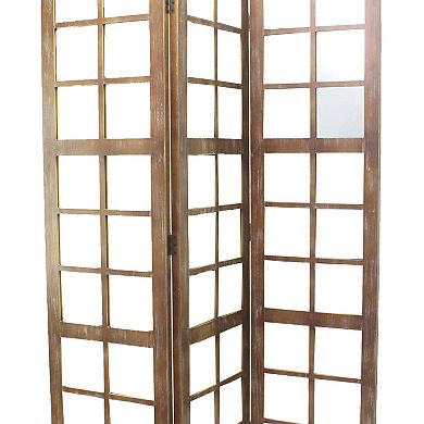3 Panel Wooden Screen with Square Mirror Inserts, Brown and Silver