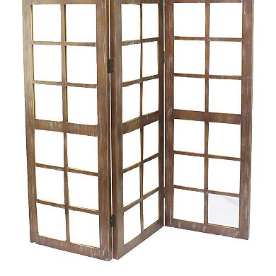 3 Panel Wooden Screen with Square Mirror Inserts, Brown and Silver