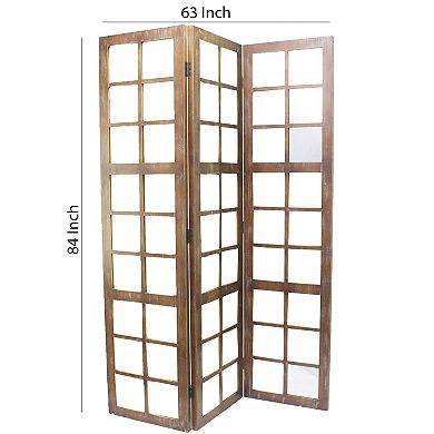 3 Panel Wooden Screen with Square Mirror Inserts, Brown and Silver