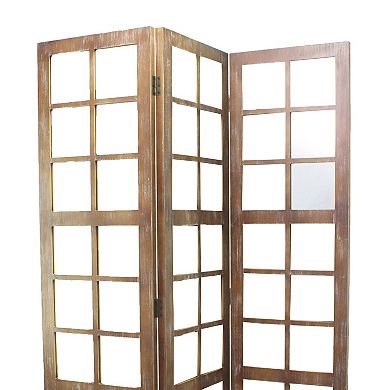 3 Panel Wooden Screen with Square Mirror Inserts, Brown and Silver