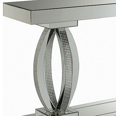 Mirrored Wooden Sofa Table With Curved Base And 1 Open Shelf, Silver
