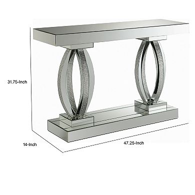 Mirrored Wooden Sofa Table With Curved Base And 1 Open Shelf, Silver
