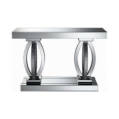 Mirrored Wooden Sofa Table With Curved Base And 1 Open Shelf, Silver