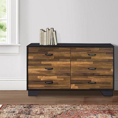 Dresser With 6 Drawers And Butcher Block Pattern, Brown And Gray